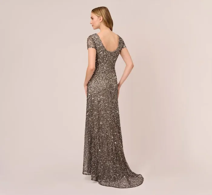 Long Dresses Womens Adrianna Papell Scoop Back Sequin Gown In Lead