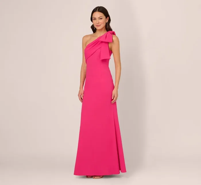 Long Dresses Womens Adrianna Papell Stretch Crepe One Shoulder Mermaid Gown With Bow Accent In Hot Pink Long Dresses Womens Adrianna Papell Stretch Crepe One Shoulder Mermaid Gown With Bow Accent In Hot Pink