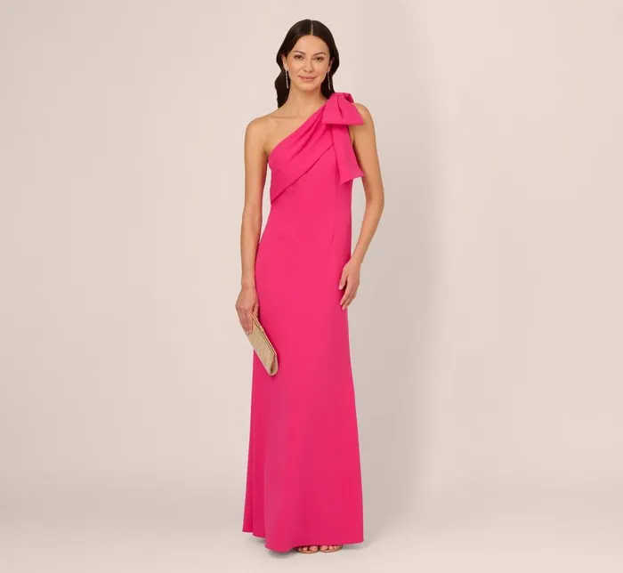 Long Dresses Womens Adrianna Papell Stretch Crepe One Shoulder Mermaid Gown With Bow Accent In Hot Pink