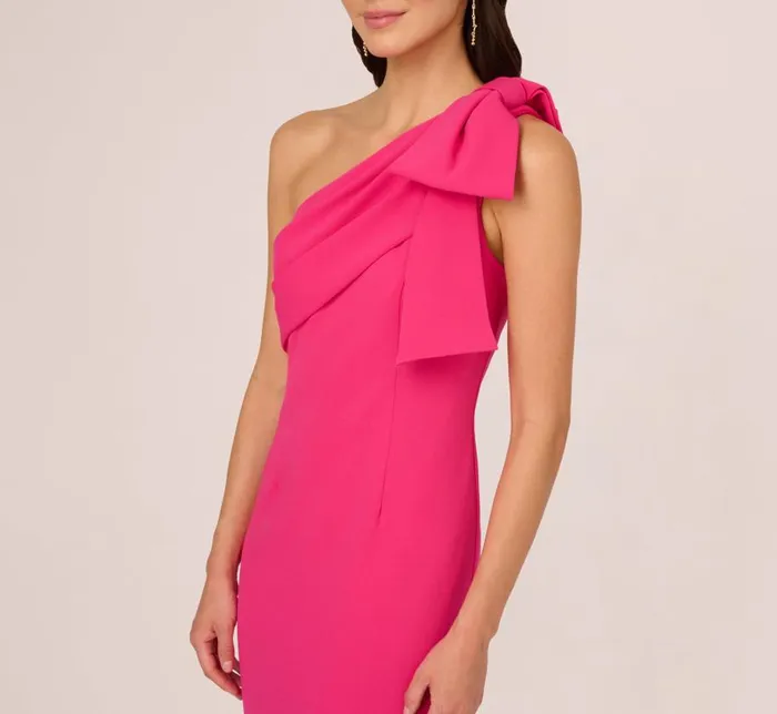 Long Dresses Womens Adrianna Papell Stretch Crepe One Shoulder Mermaid Gown With Bow Accent In Hot Pink