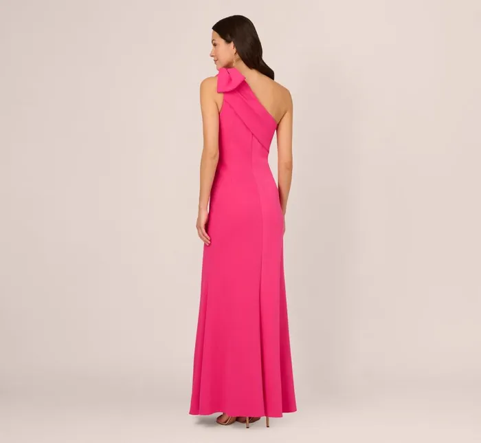 Long Dresses Womens Adrianna Papell Stretch Crepe One Shoulder Mermaid Gown With Bow Accent In Hot Pink