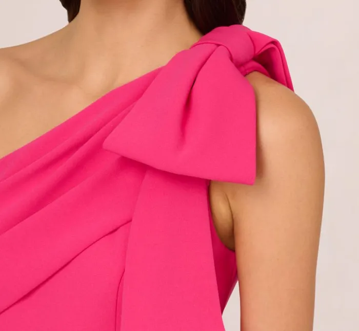Long Dresses Womens Adrianna Papell Stretch Crepe One Shoulder Mermaid Gown With Bow Accent In Hot Pink