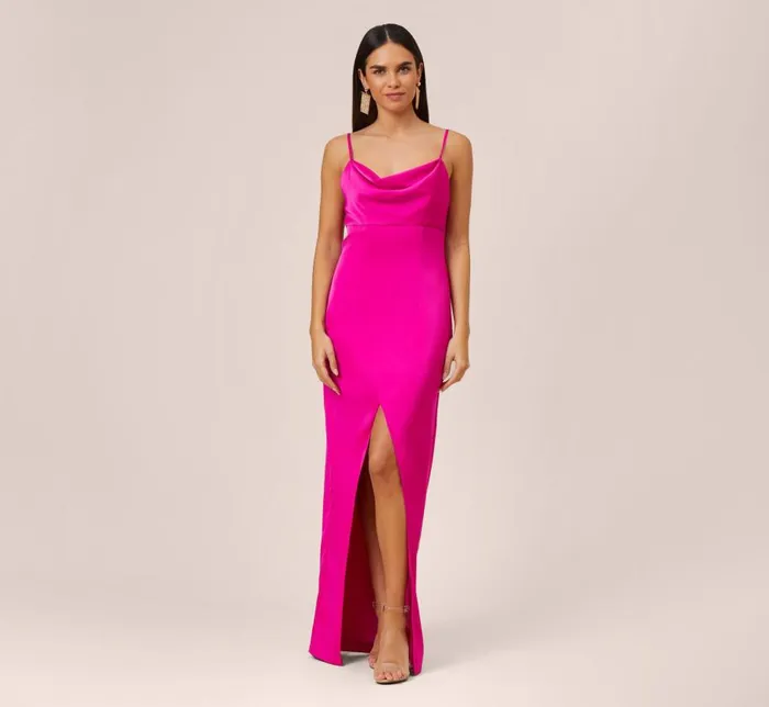 Long Dresses Womens Adrianna Papell Stretch Satin Cowl Neck Long Column Gown With Slit In Pink Flame Long Dresses Womens Adrianna Papell Stretch Satin Cowl Neck Long Column Gown With Slit In Pink Flame