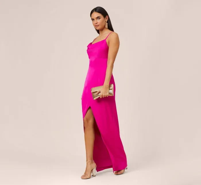 Long Dresses Womens Adrianna Papell Stretch Satin Cowl Neck Long Column Gown With Slit In Pink Flame