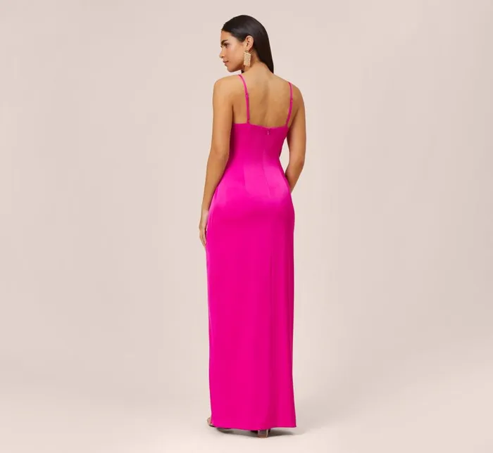Long Dresses Womens Adrianna Papell Stretch Satin Cowl Neck Long Column Gown With Slit In Pink Flame