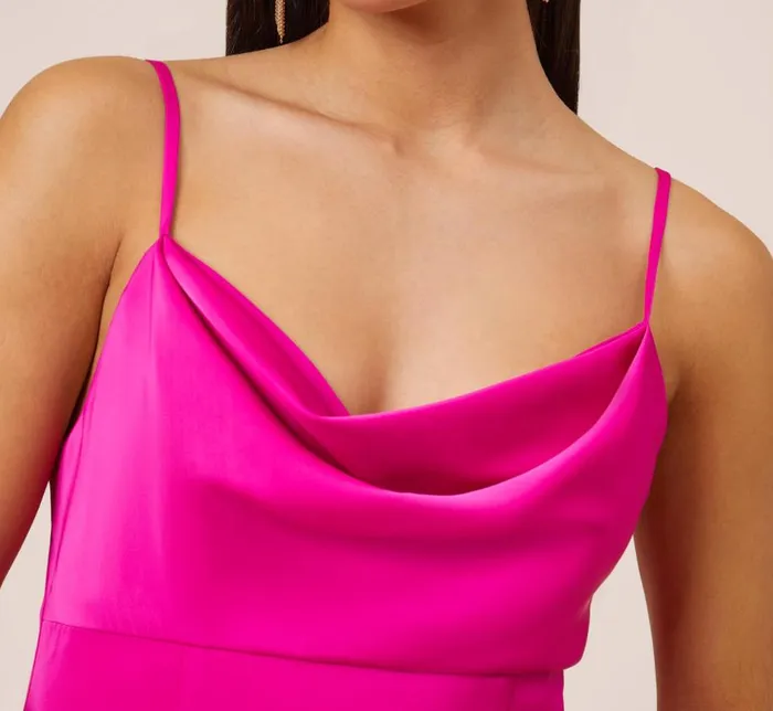 Long Dresses Womens Adrianna Papell Stretch Satin Cowl Neck Long Column Gown With Slit In Pink Flame