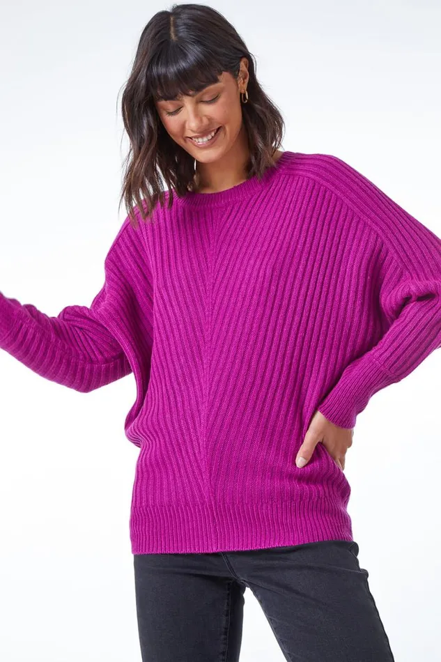 Magenta Ribbed Batwing Knitted Jumper Women Roman Knitwear