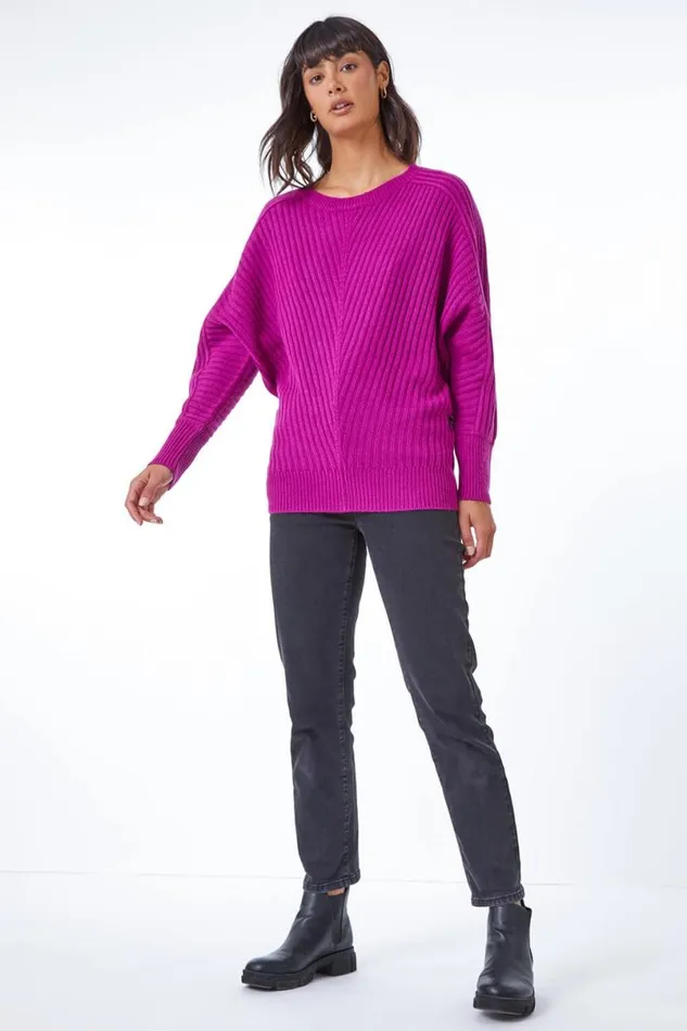 Magenta Ribbed Batwing Knitted Jumper Women Roman Knitwear