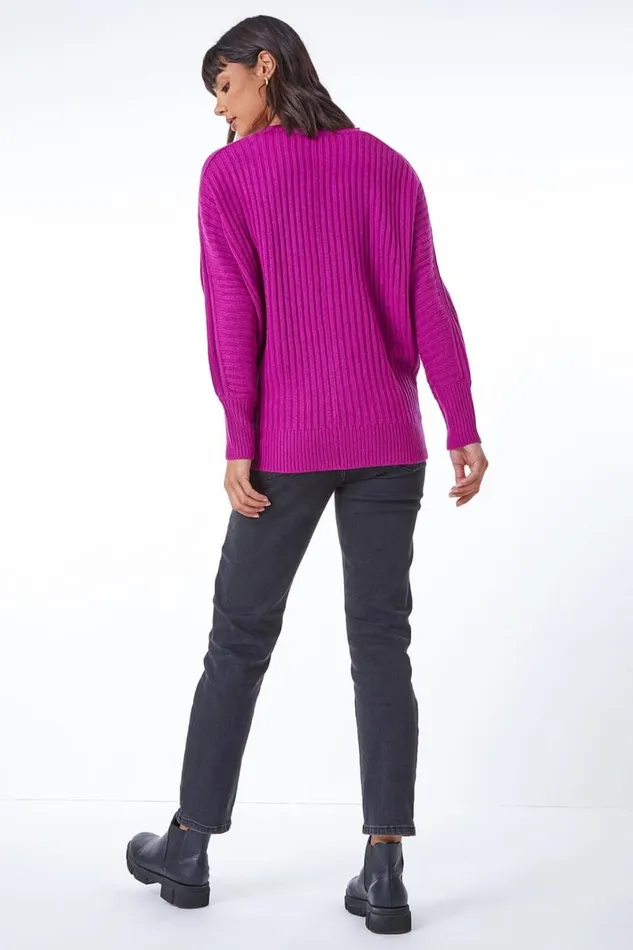 Magenta Ribbed Batwing Knitted Jumper Women Roman Knitwear
