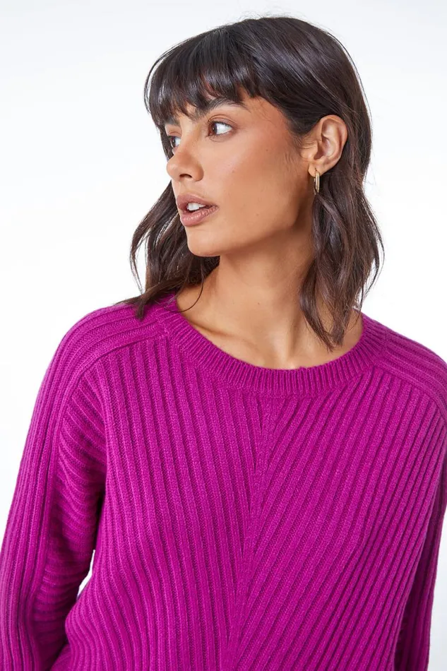 Magenta Ribbed Batwing Knitted Jumper Women Roman Knitwear