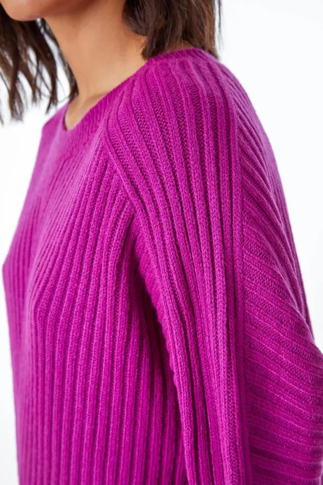 Magenta Ribbed Batwing Knitted Jumper Women Roman Knitwear