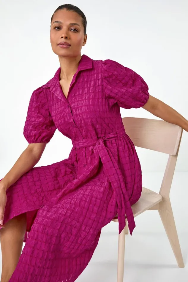 Magenta Textured Puff Sleeve Midi Shirt Dress Women Roman Dresses