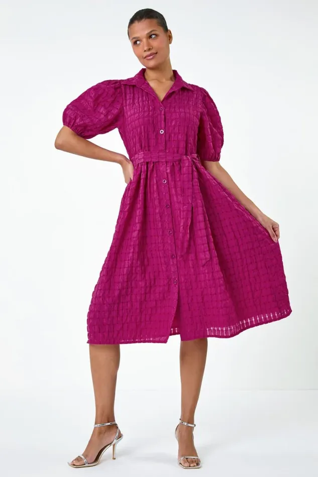 Magenta Textured Puff Sleeve Midi Shirt Dress Women Roman Dresses