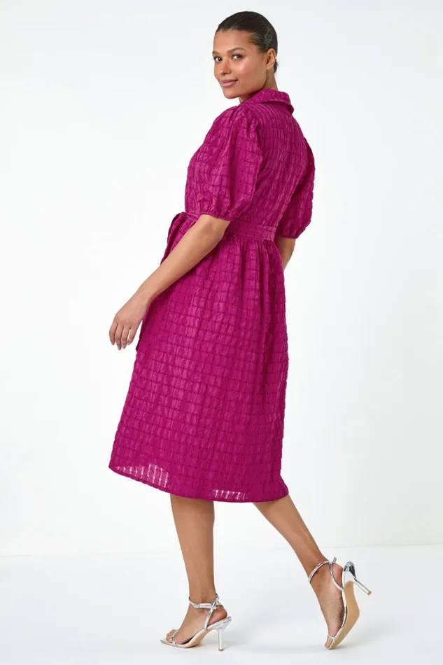 Magenta Textured Puff Sleeve Midi Shirt Dress Women Roman Dresses