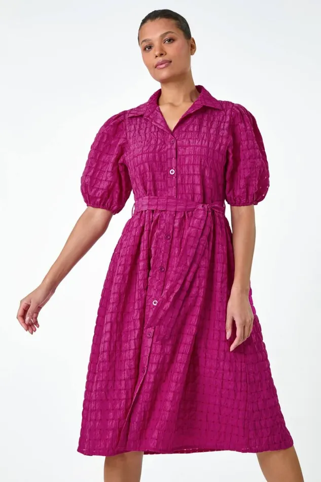 Magenta Textured Puff Sleeve Midi Shirt Dress Women Roman Dresses
