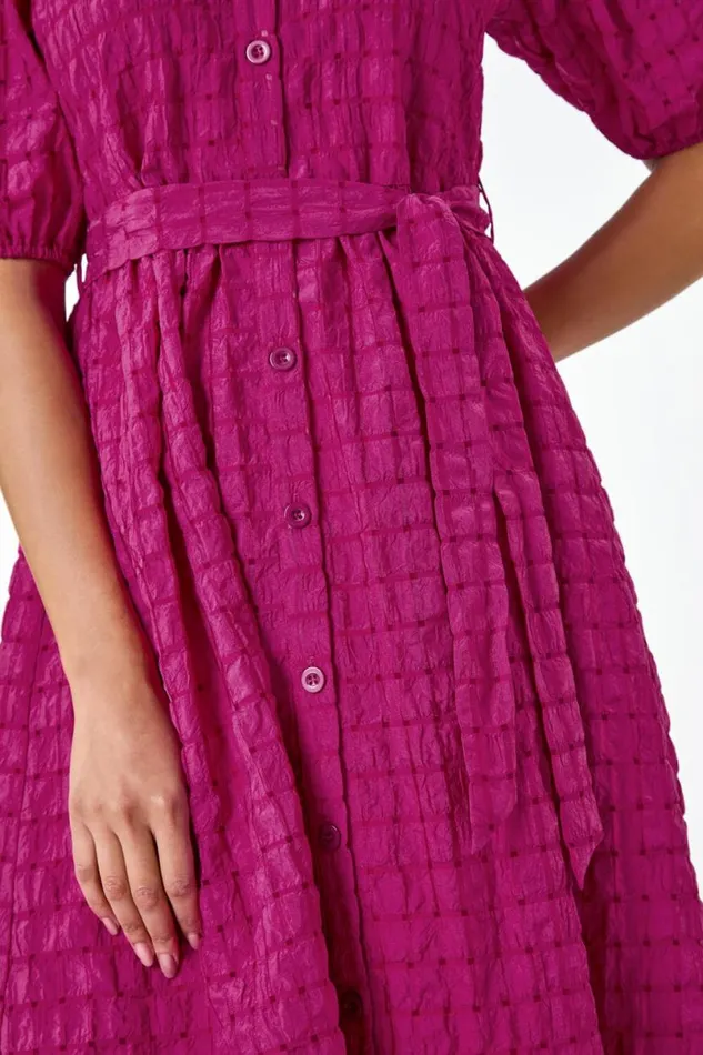 Magenta Textured Puff Sleeve Midi Shirt Dress Women Roman Dresses