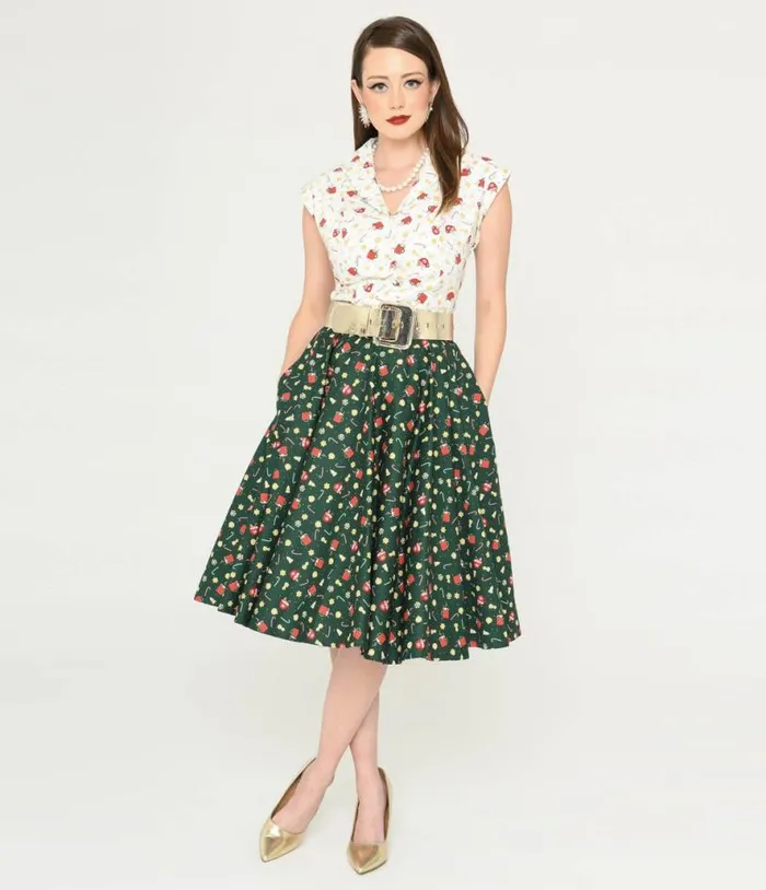 Magnolia Place Green and Holiday Print Sally Swing Skirt ClothingPlus Unique Vintage Skirts Magnolia Place Green and Holiday Print Sally Swing Skirt ClothingPlus Unique Vintage Skirts