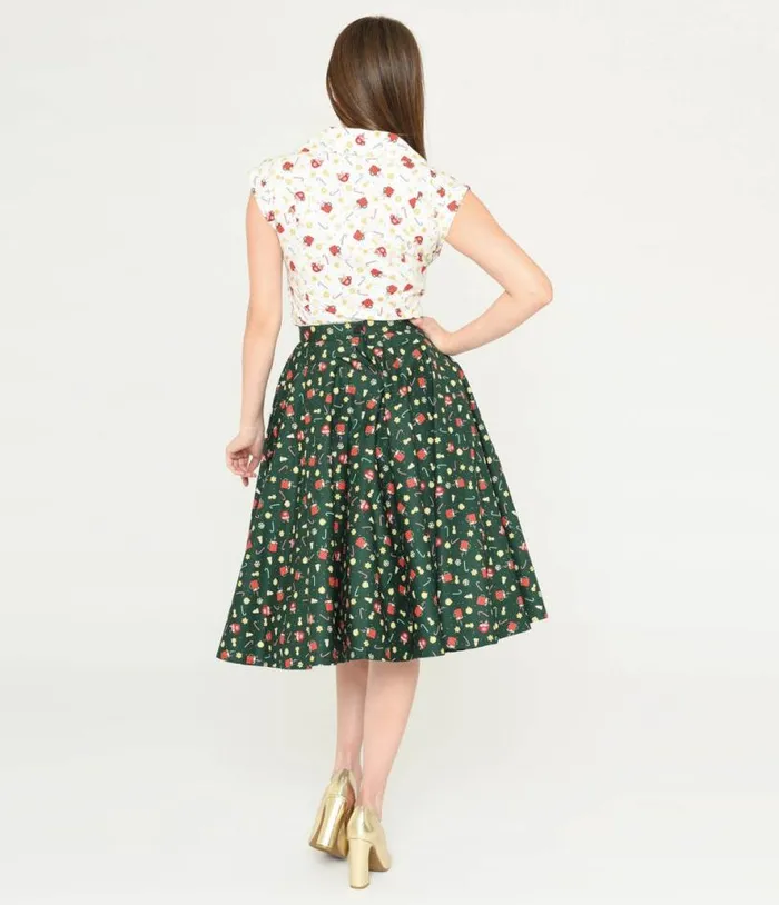 Magnolia Place Green and Holiday Print Sally Swing Skirt ClothingPlus Unique Vintage Skirts