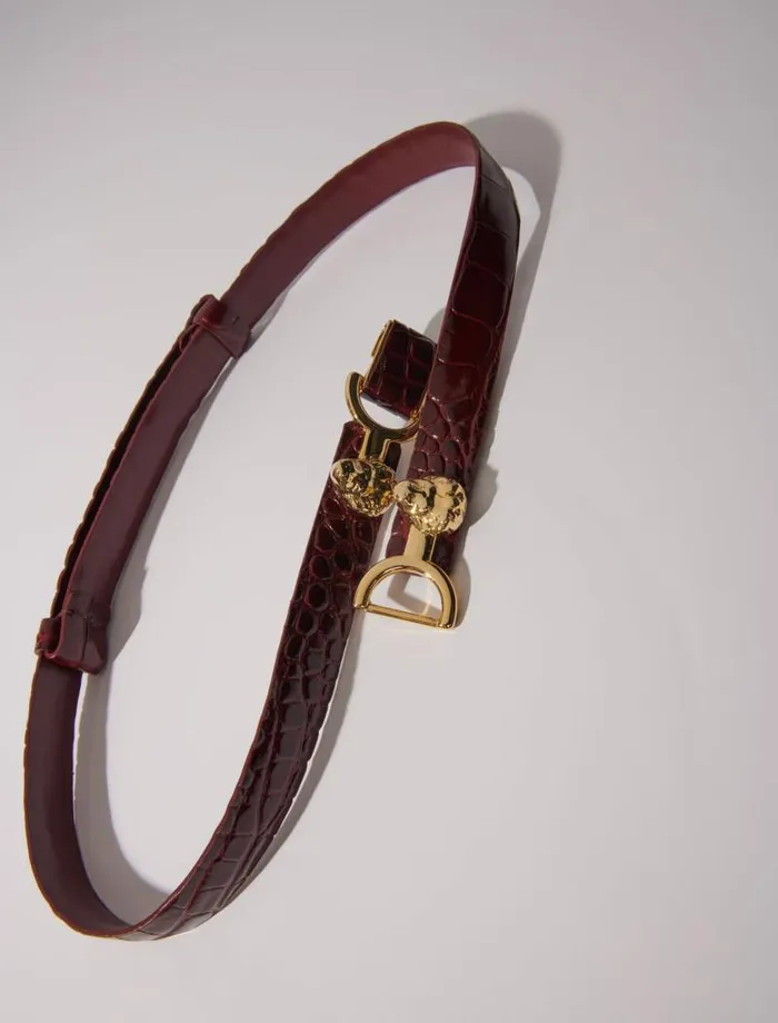 Maje Belts Womens Thin Leather Belt With Lion Bit Burgundy