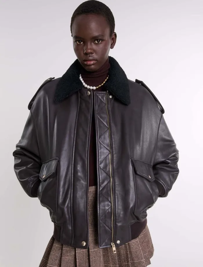 Maje Blazers and Jackets Womens Oversized Leather Jacket Brown