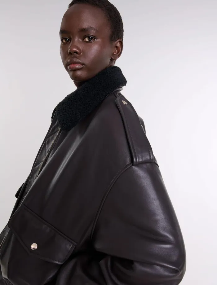 Maje Blazers and Jackets Womens Oversized Leather Jacket Brown