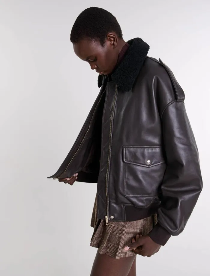 Maje Blazers and Jackets Womens Oversized Leather Jacket Brown
