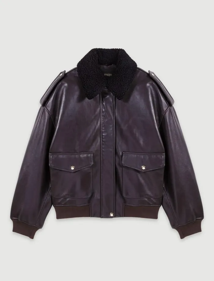Maje Blazers and Jackets Womens Oversized Leather Jacket Brown