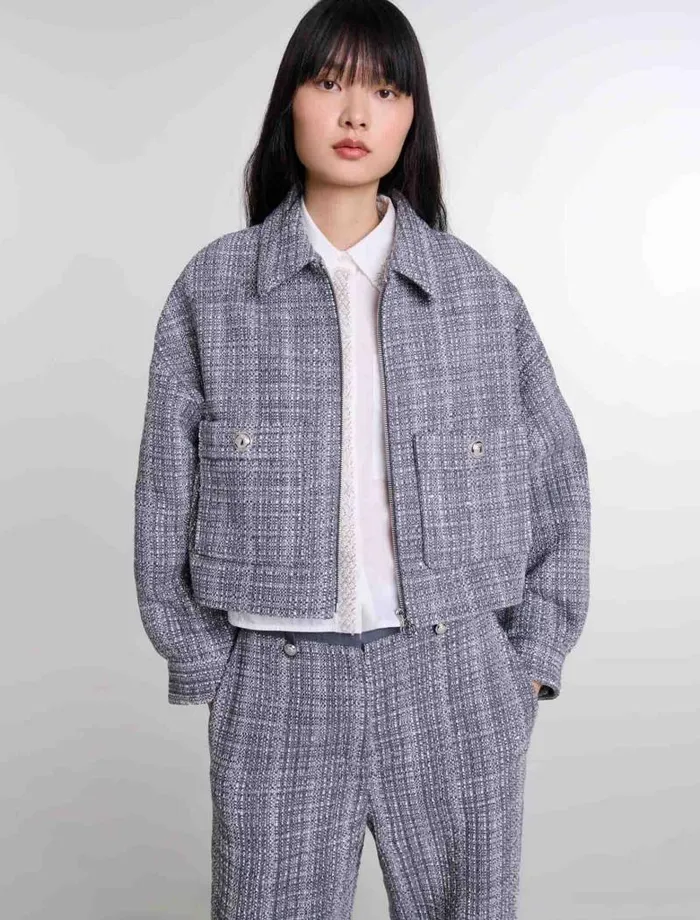 Maje Blazers and Jackets Womens Short Tweed Jacket Grey