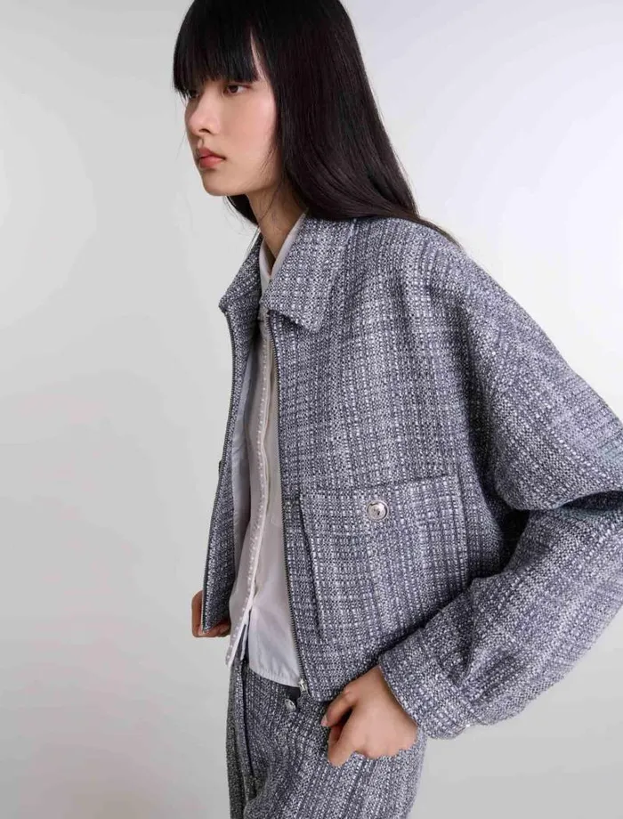 Maje Blazers and Jackets Womens Short Tweed Jacket Grey