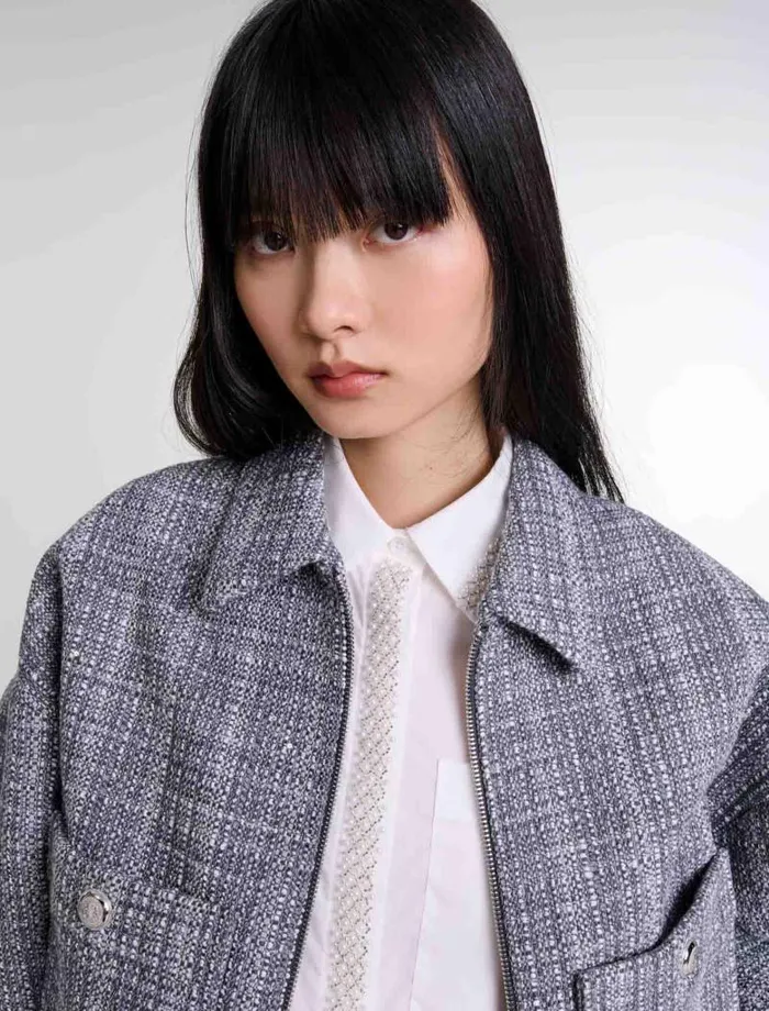 Maje Blazers and Jackets Womens Short Tweed Jacket Grey