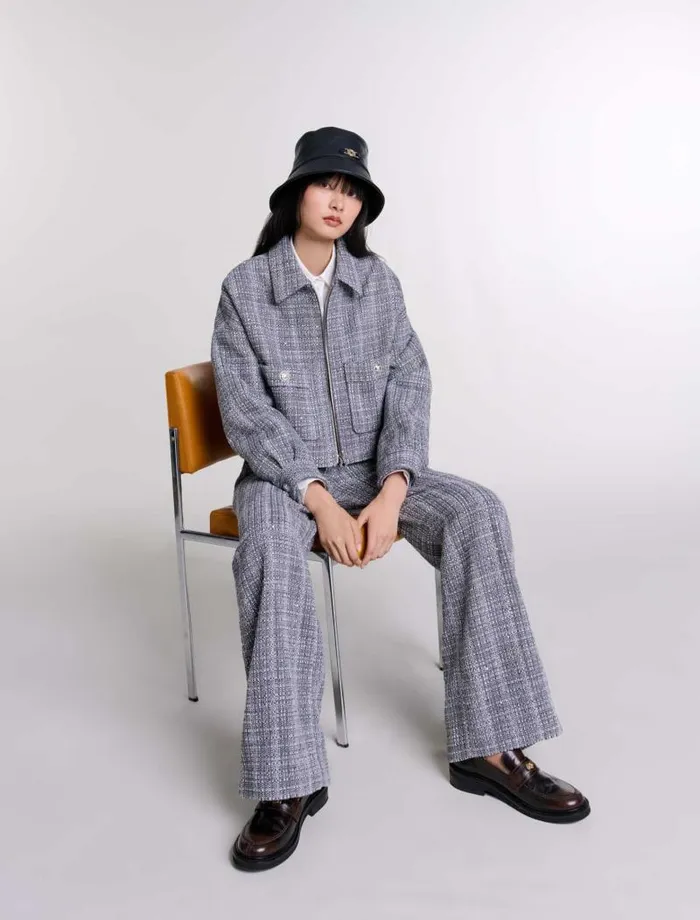Maje Blazers and Jackets Womens Short Tweed Jacket Grey