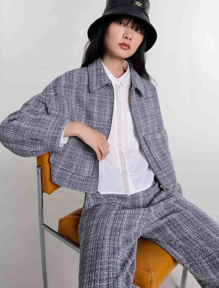 Maje Blazers and Jackets Womens Short Tweed Jacket Grey