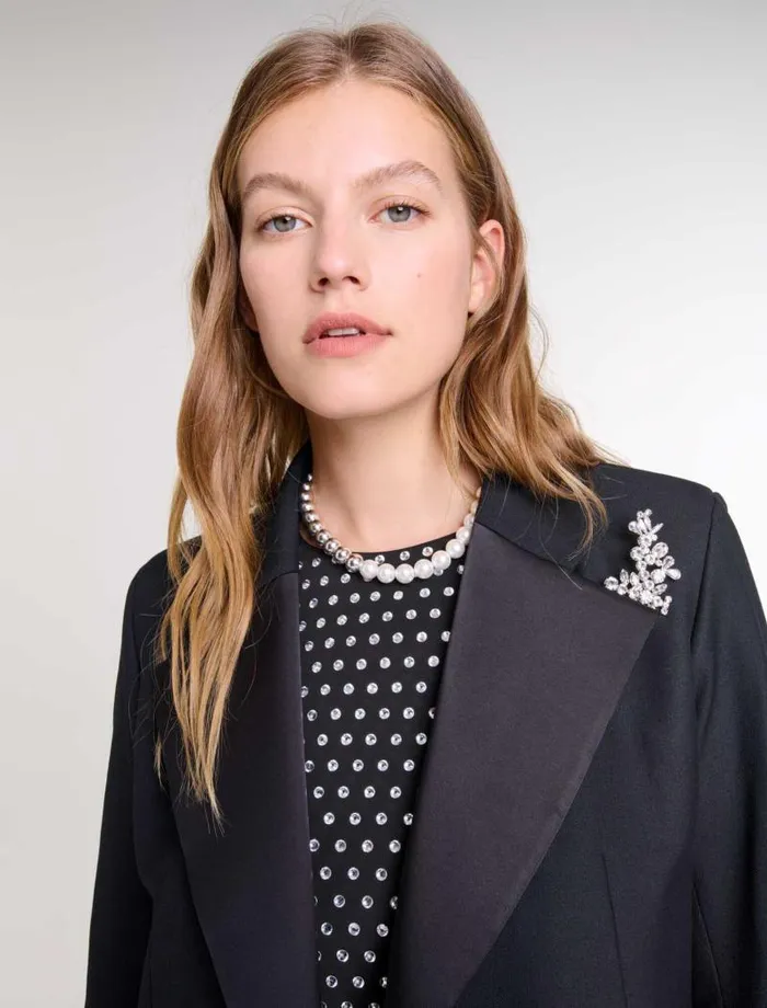 Maje Blazers and Jackets Womens Suit Jacket With Brooch Black