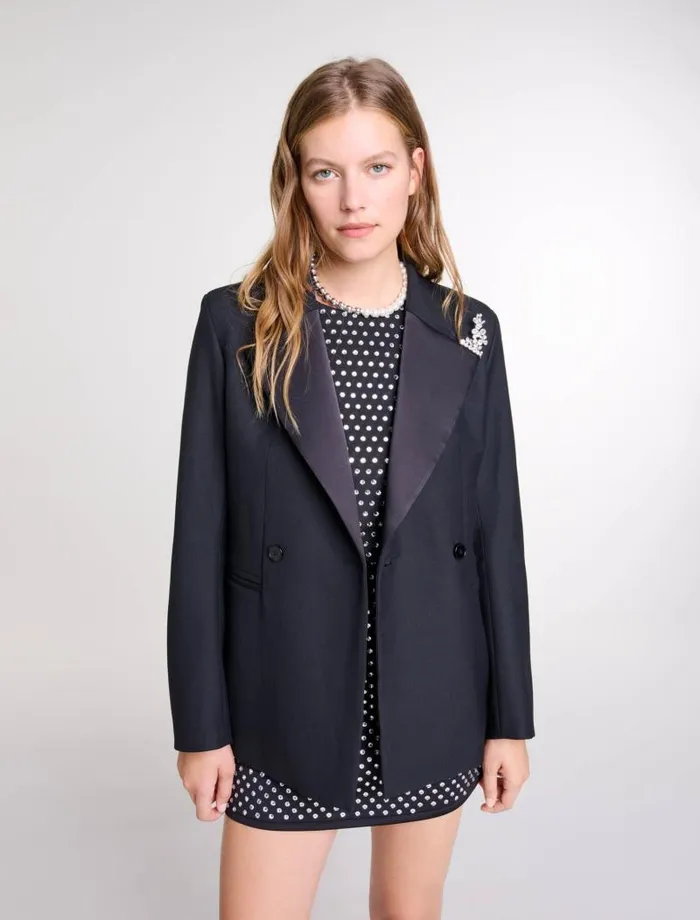 Maje Blazers and Jackets Womens Suit Jacket With Brooch Black