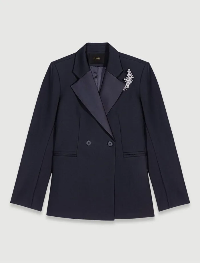 Maje Blazers and Jackets Womens Suit Jacket With Brooch Black