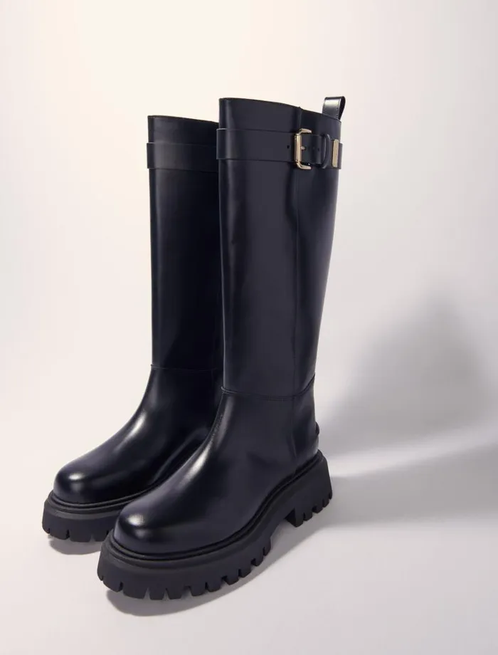 Maje Booties and Boots Womens Buckled Leather Boots Black