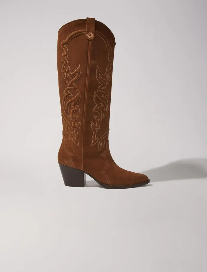 Maje Booties and Boots Womens Suede Cowboy Boots Warm Brown