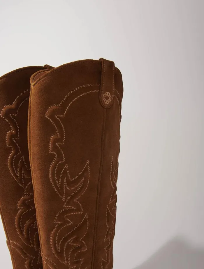 Maje Booties and Boots Womens Suede Cowboy Boots Warm Brown