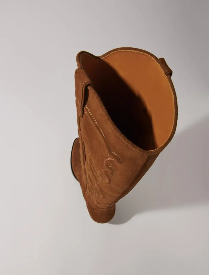 Maje Booties and Boots Womens Suede Cowboy Boots Warm Brown