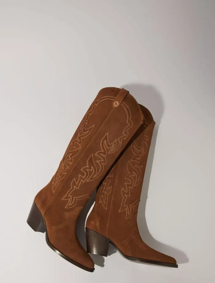 Maje Booties and Boots Womens Suede Cowboy Boots Warm Brown