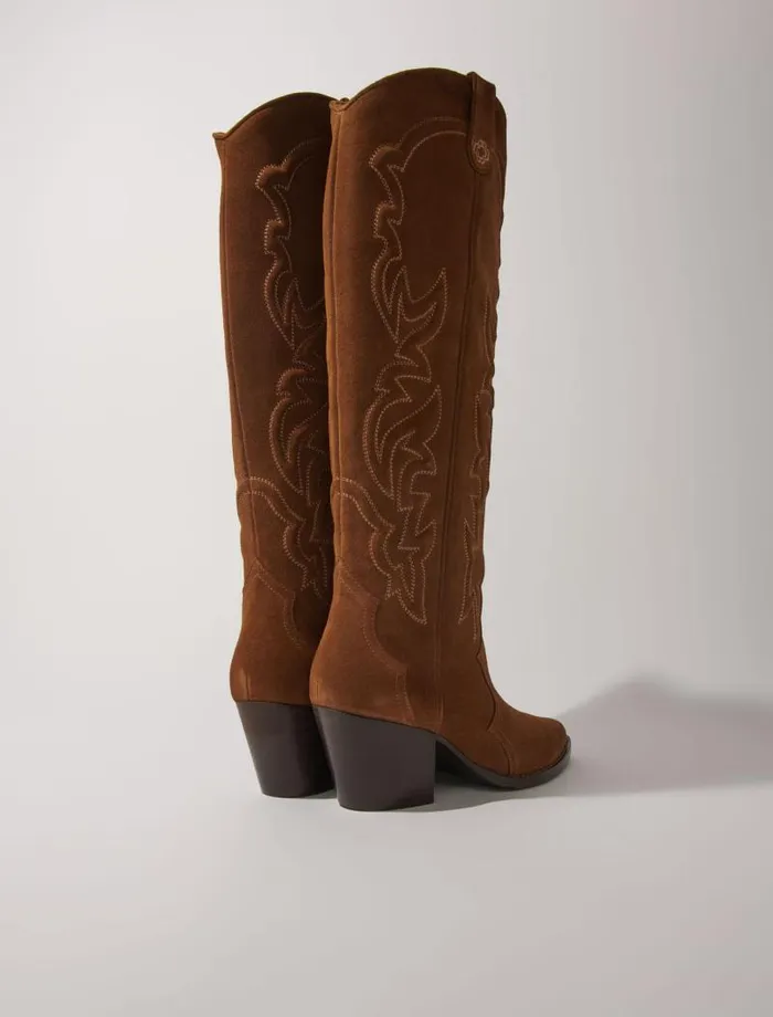 Maje Booties and Boots Womens Suede Cowboy Boots Warm Brown