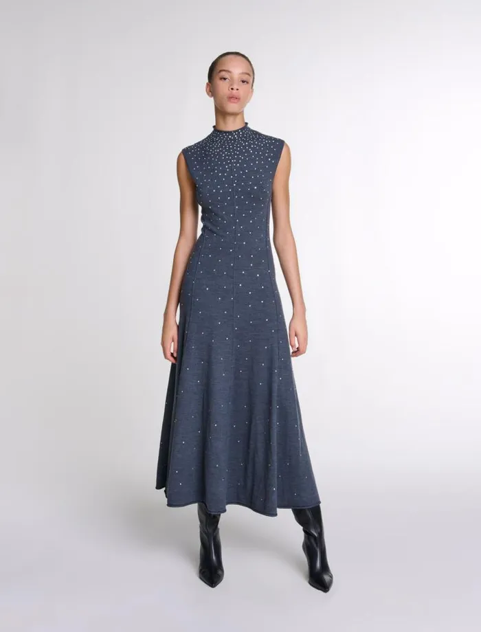 Maje Dresses Womens Knit Maxi Dress With Rhinestones Grey