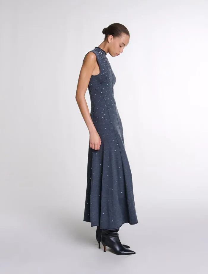 Maje Dresses Womens Knit Maxi Dress With Rhinestones Grey