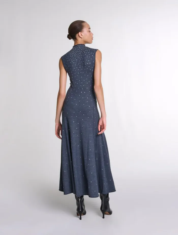 Maje Dresses Womens Knit Maxi Dress With Rhinestones Grey