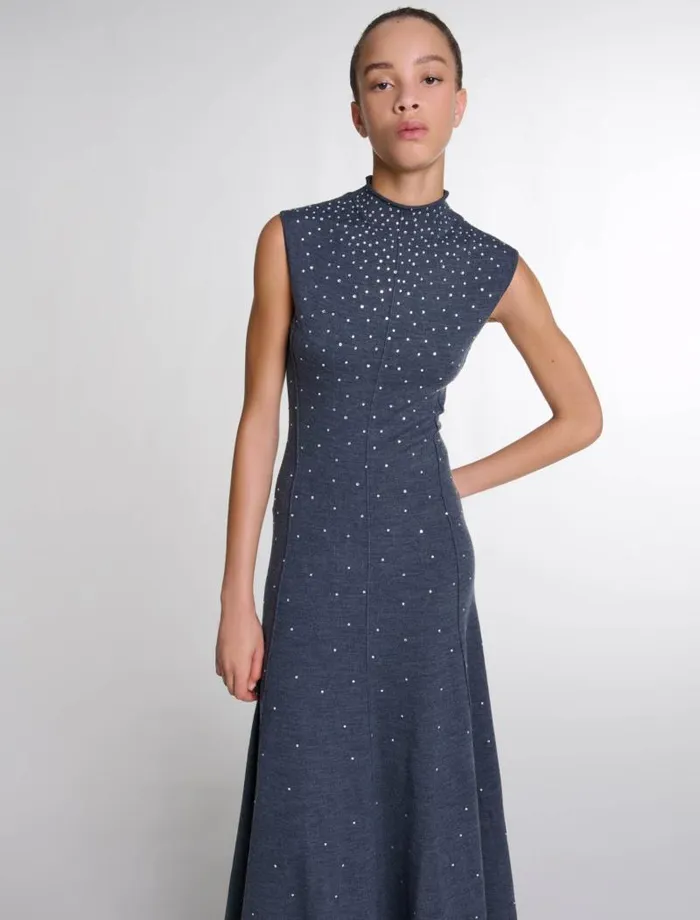 Maje Dresses Womens Knit Maxi Dress With Rhinestones Grey