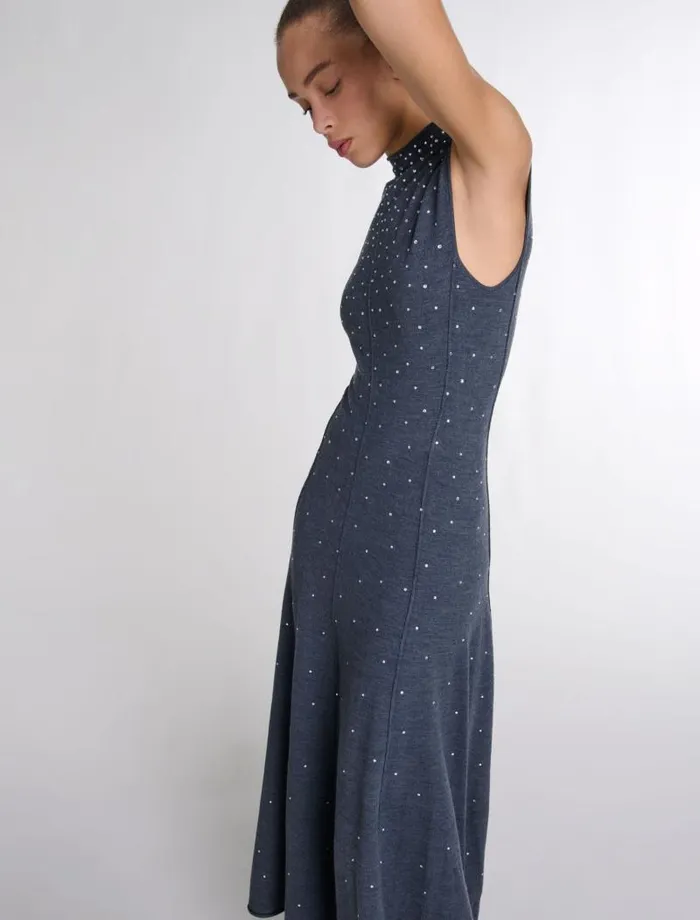 Maje Dresses Womens Knit Maxi Dress With Rhinestones Grey