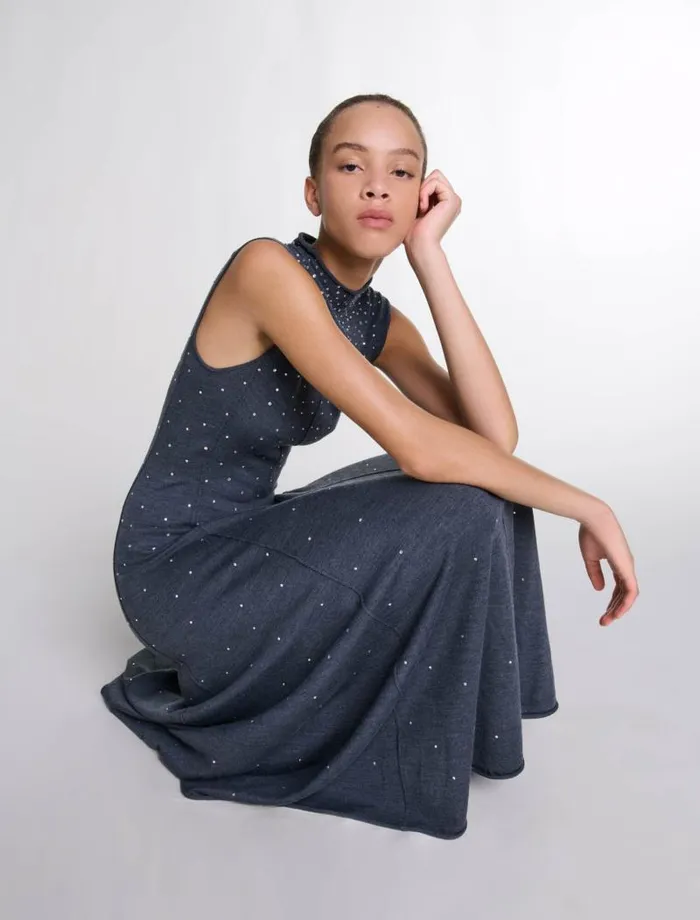 Maje Dresses Womens Knit Maxi Dress With Rhinestones Grey