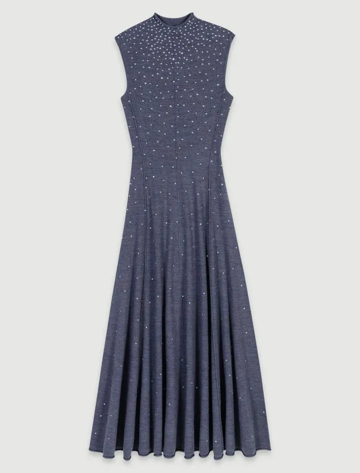 Maje Dresses Womens Knit Maxi Dress With Rhinestones Grey