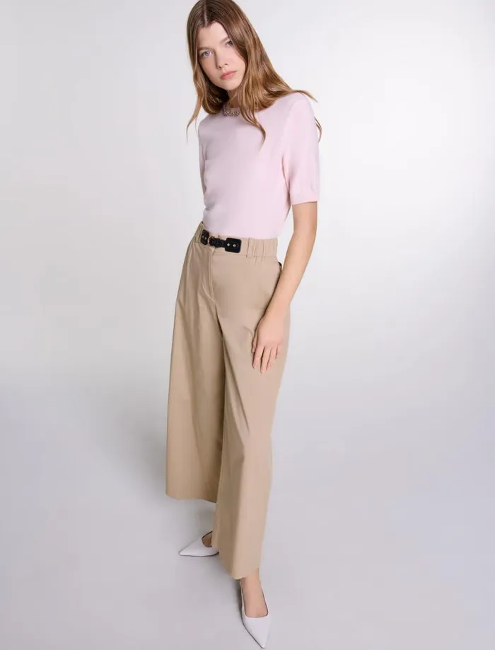 Maje Pants and Jeans Womens Wideleg Cotton Trousers Light Beige