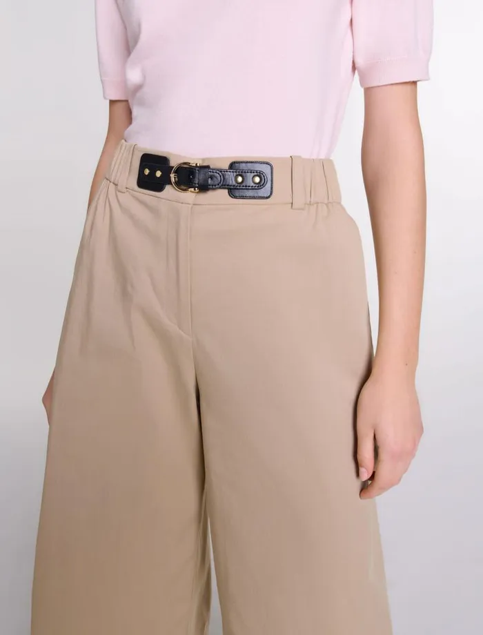 Maje Pants and Jeans Womens Wideleg Cotton Trousers Light Beige